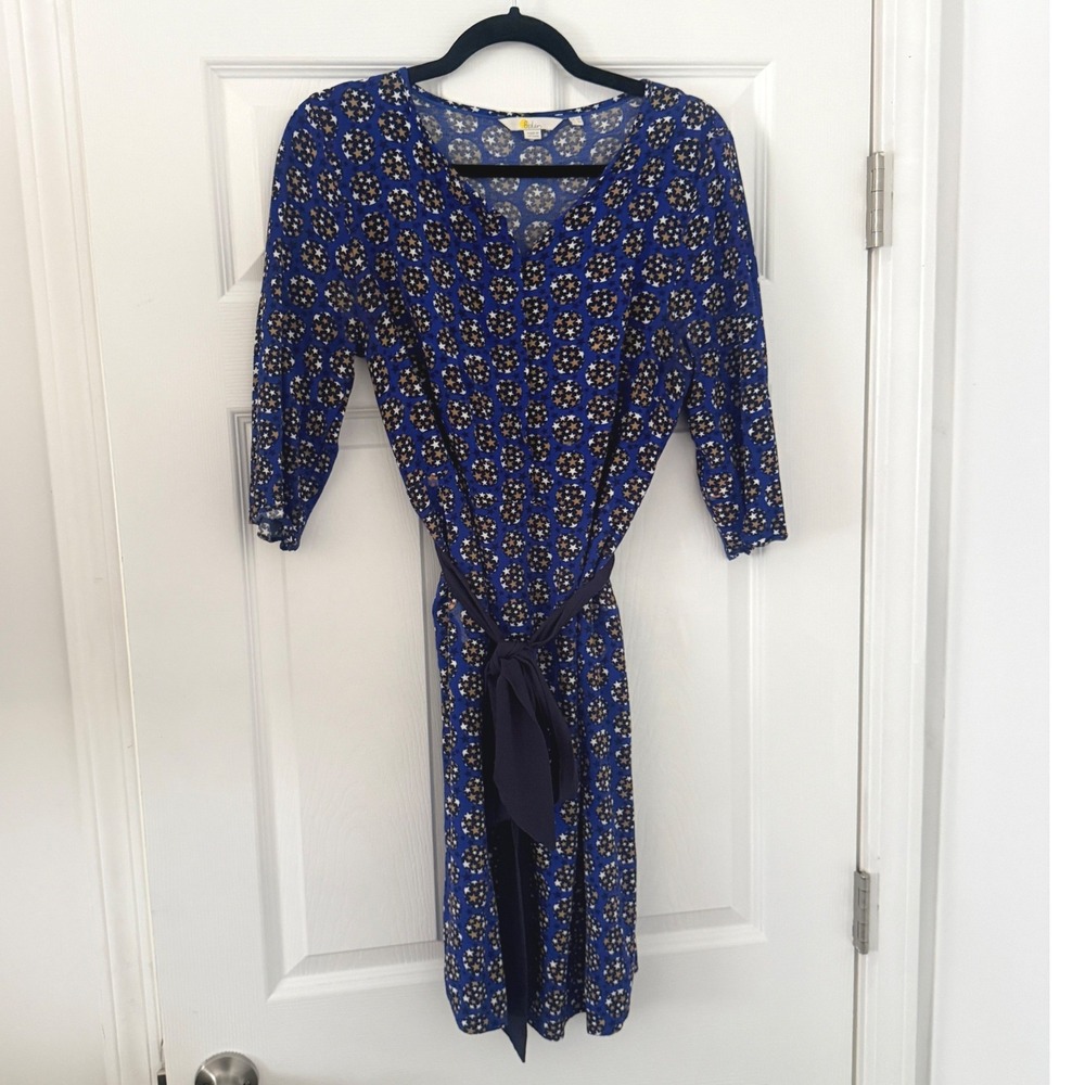 Boden Blue Star Print Jersey Tie Waist Dress with Pockets 8 Belted Novelty‎ Fun